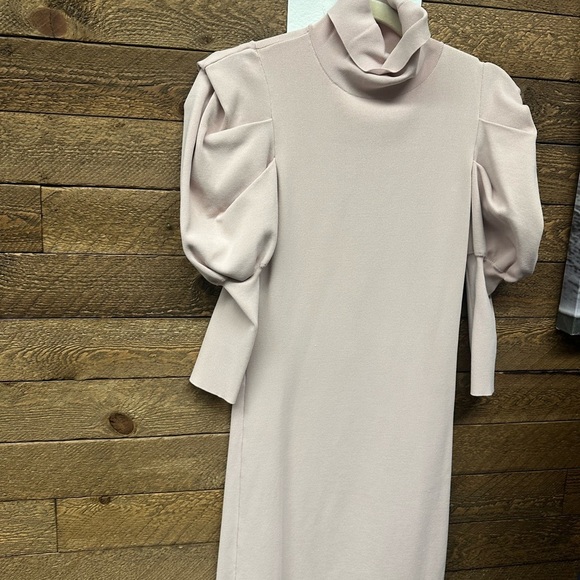 ZARA Puff Sleeve Mock Neck Midi Dress - Picture 2 of 6